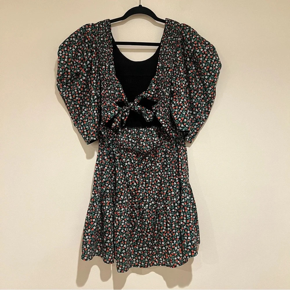 Sea New York Liberty Black Strawberry Print Tie Back Puff Sleeve Mini Dress L - Picture 6 of 9